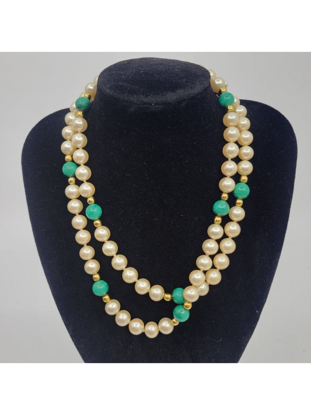 Vintage Cultured Pearl & Green Gemstone 28" Necklace Handmade in Thailand JW020